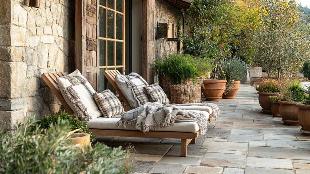 Farmhouse Patio With Wooden Loungers