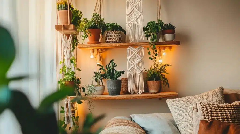 Floating Corner Shelves with Macramé Accents