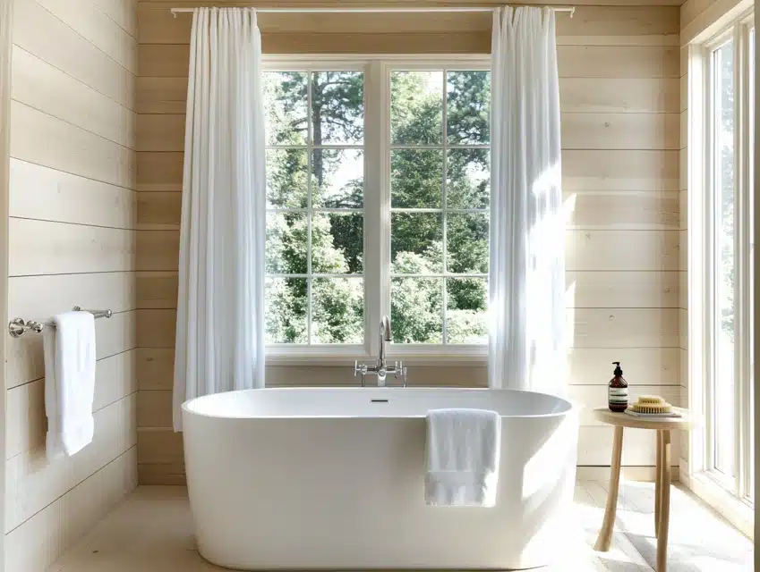 Full-height shiplap walls for a spacious master bathroom