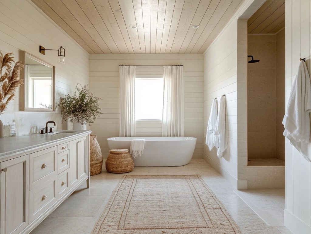 Horizontal shiplap ceilings for a cozy, enclosed feel in large bathrooms