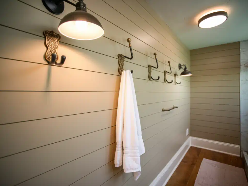 Horizontal shiplap with built-in hooks for towels