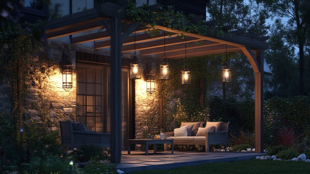 Industrial Pendant Lights Above The Patio