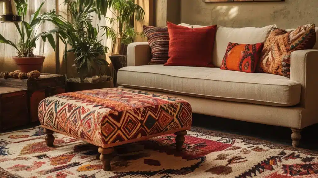 Kilim-Upholstered Ottoman