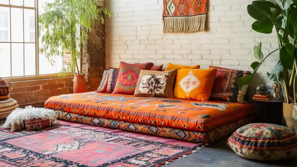 Low-Profile Futon with Tribal Print Covers