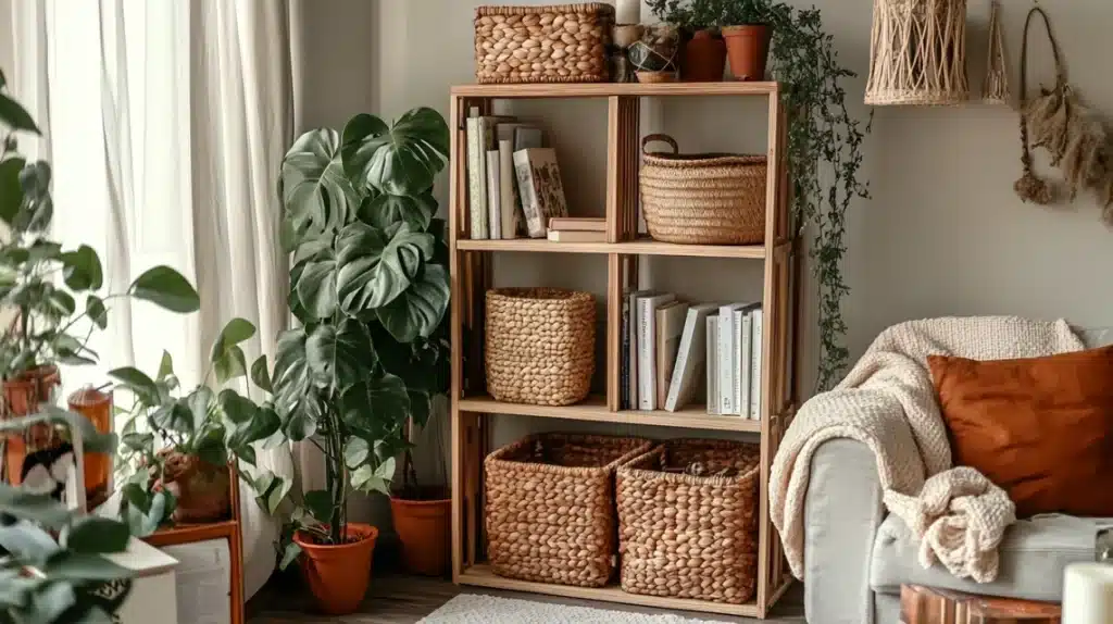 Modular Shelving Unit with Woven Baskets