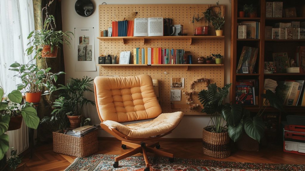 Mounted Wooden Pegboard With Book Displays