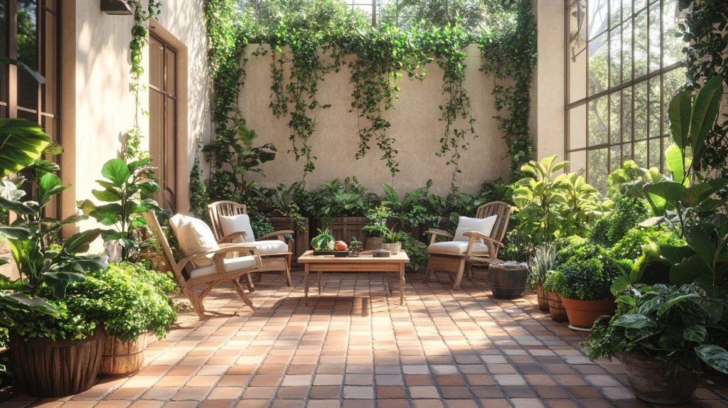 Patio With Brick Flooring And Greenery