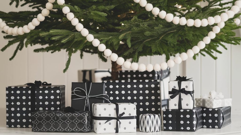 Pompom Garlands with Black and White Christmas Themed Gift Boxes