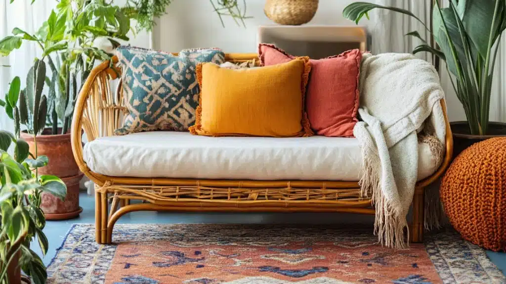 Rattan Loveseat with Colorful Throw Pillows