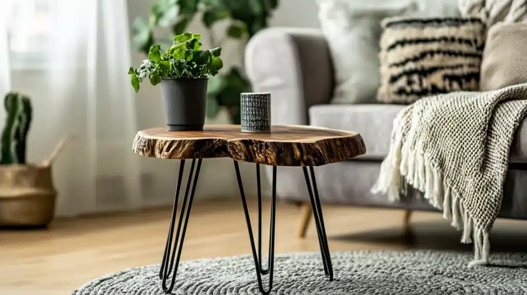 Raw-Edge Wood Stool with Iron Legs