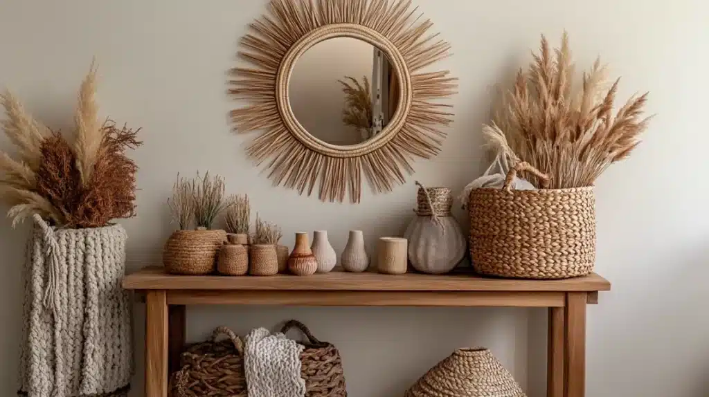 Round Rattan Mirror with Sunburst Design