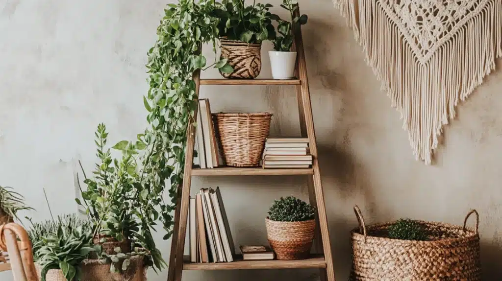 Rustic Wood Ladder Shelf