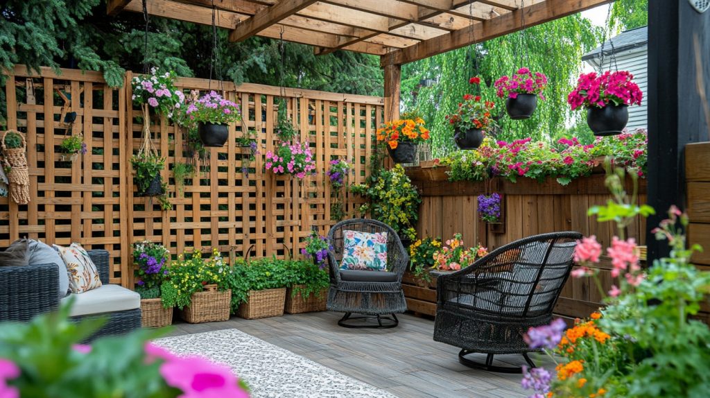 Rustic Wooden Trellis with Hanging Flower Pots