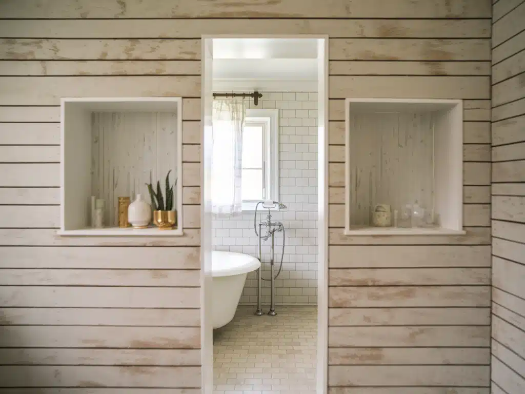 Shiplap around a recessed shelf for functional storage