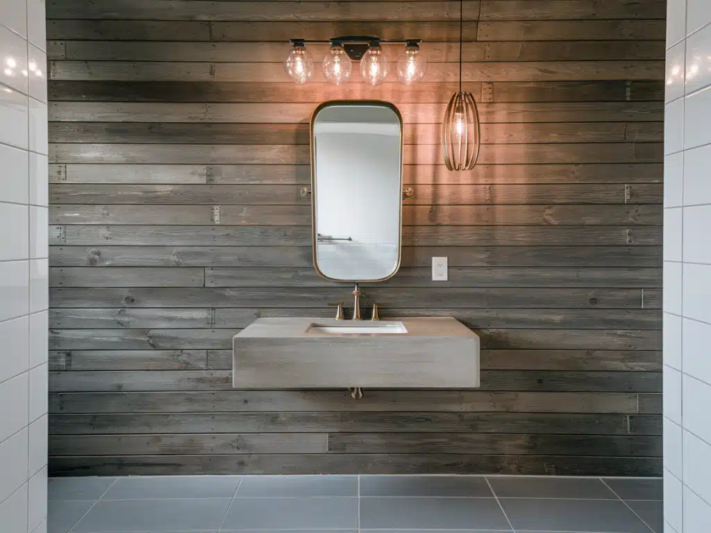 Shiplap as an accent wall behind the vanity mirror