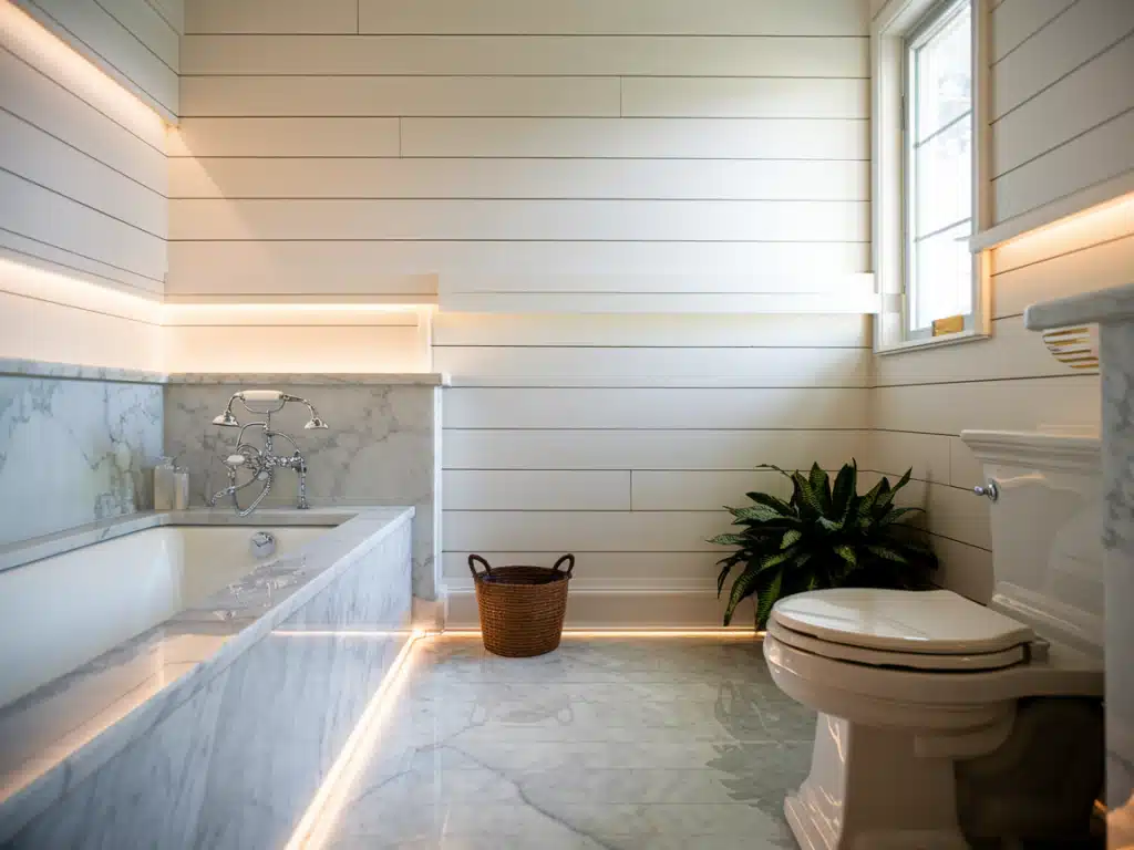 Shiplap combined with marble for a luxurious feel