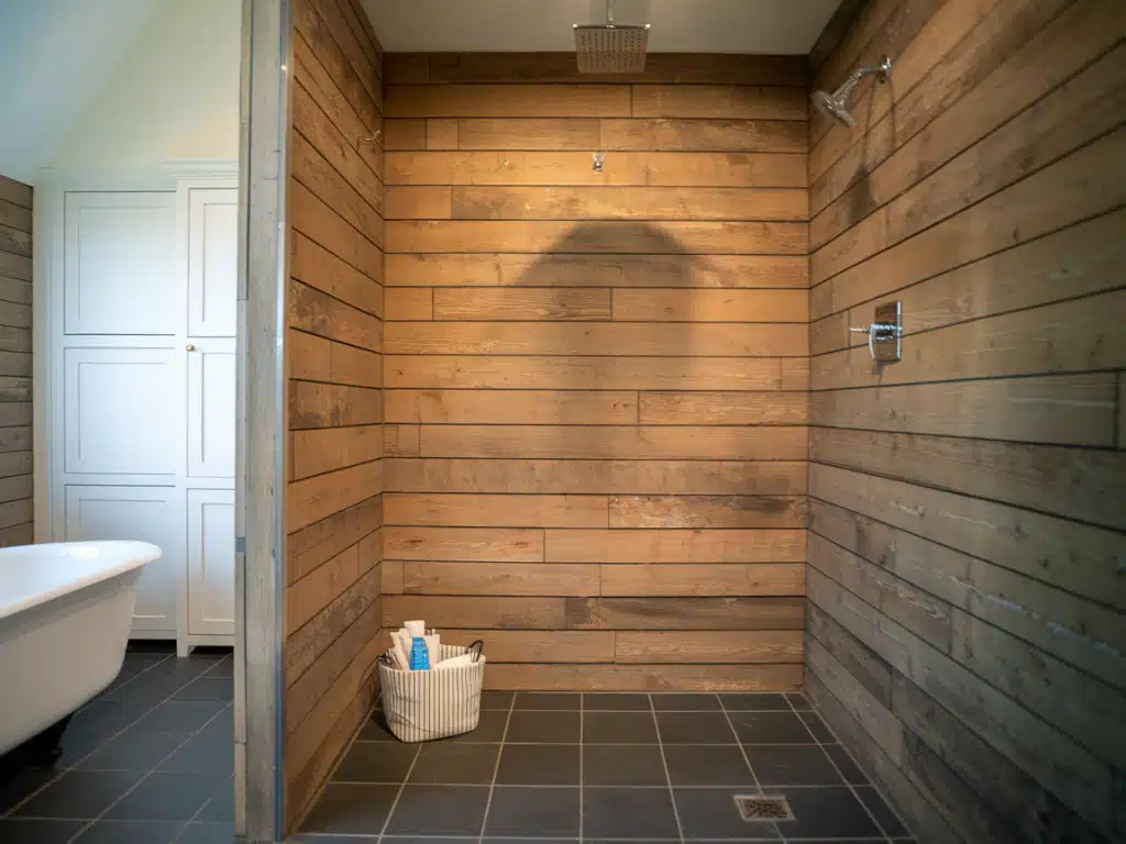 Shiplap in the shower area with water-resistant materials