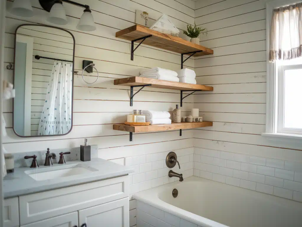 Shiplap walls with floating wood shelves