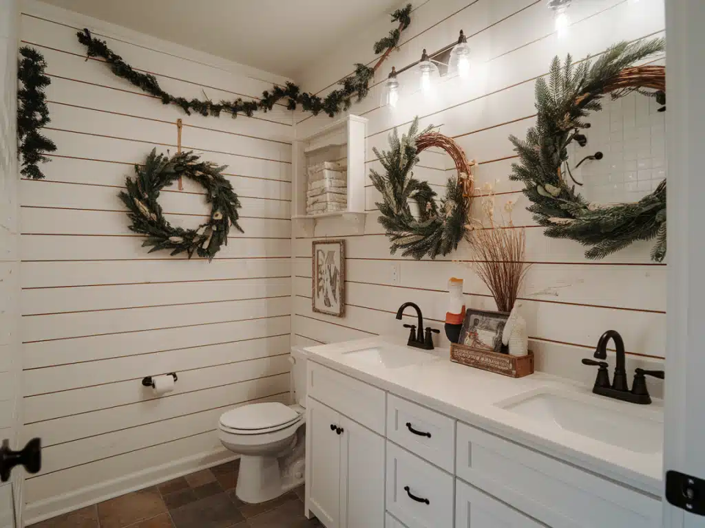 Shiplap with seasonal decor, like wreaths or garlands