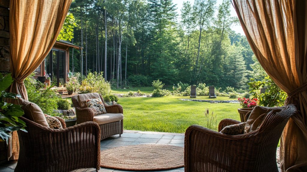 Wicker Chairs And Jute Curtains Framing Natural Scenery