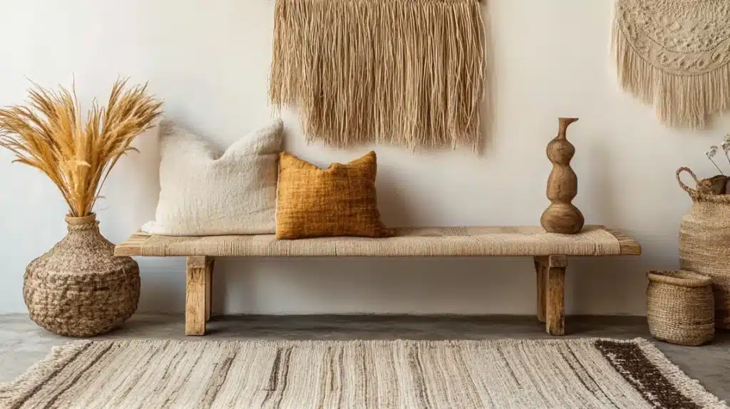 Woven Grass Bench with Natural Accents