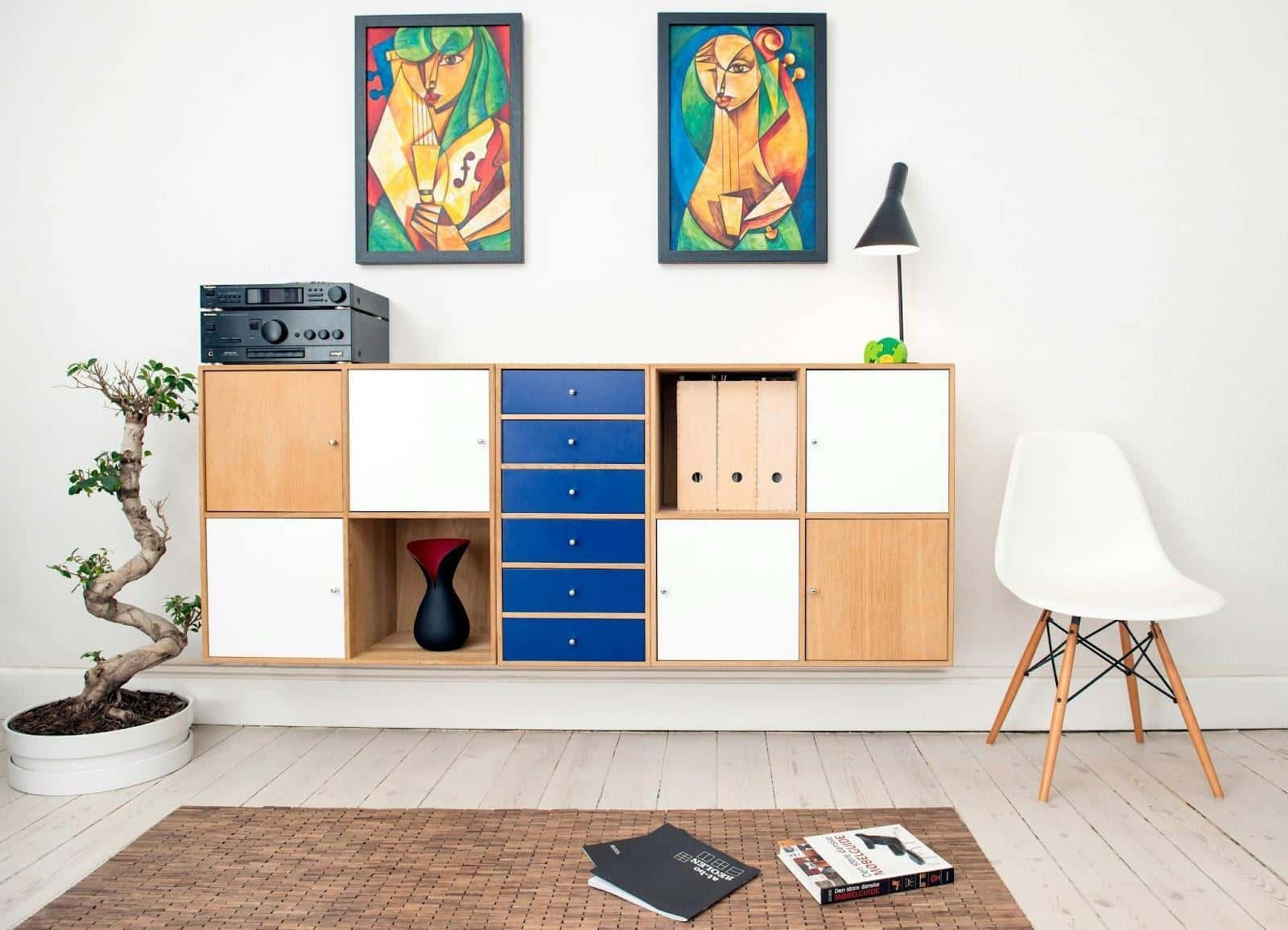 floating shelves in brown, white, and blue