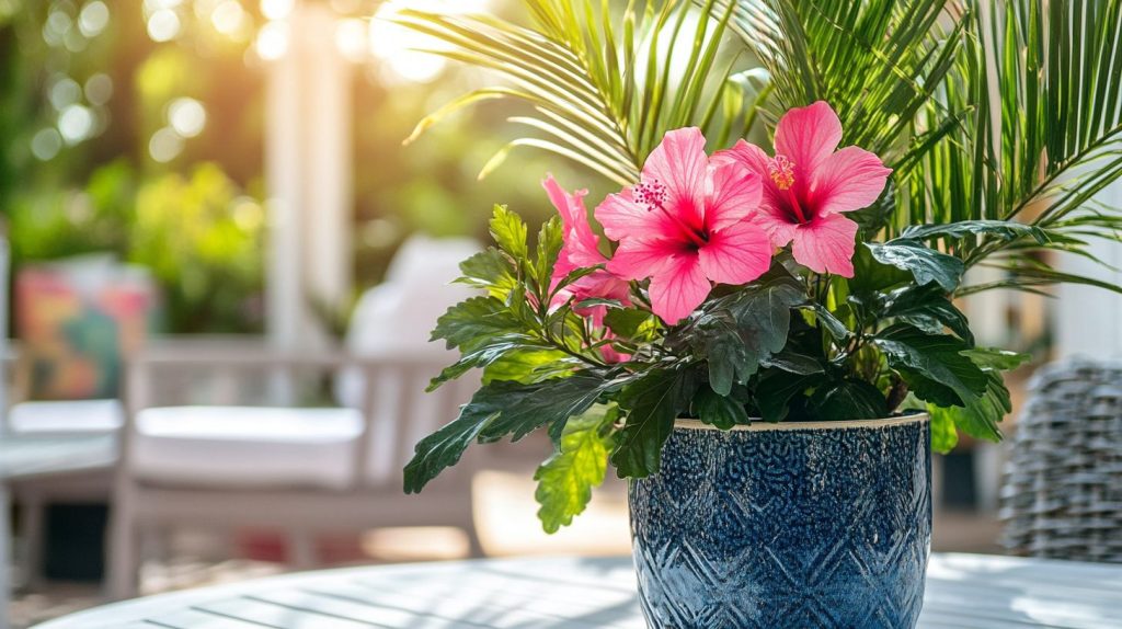 Tropical Hibiscus And Palm Pot