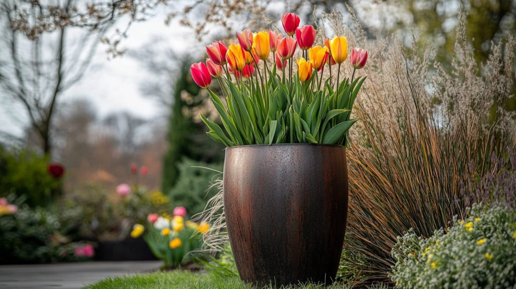 Tulip And Grass Arrangement Pot