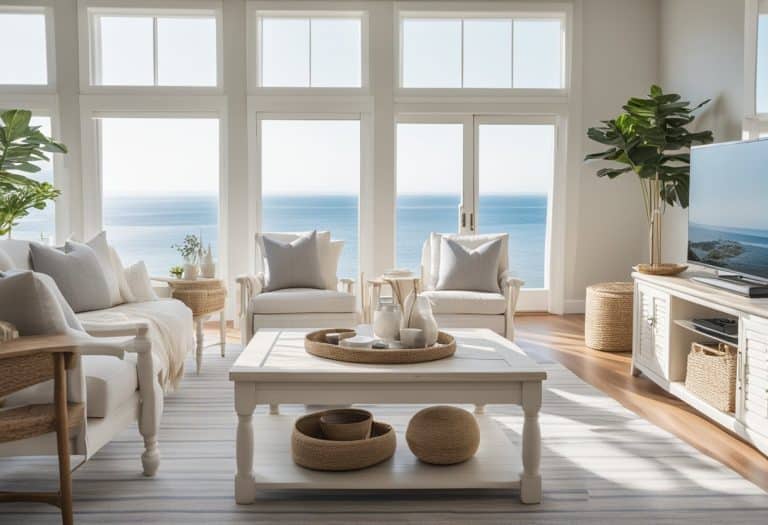 A bright and airy living room with white-washed wood furniture, nautical decor, and large windows overlooking the ocean