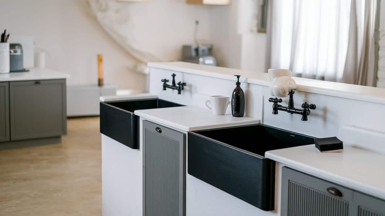 black sink white countertop