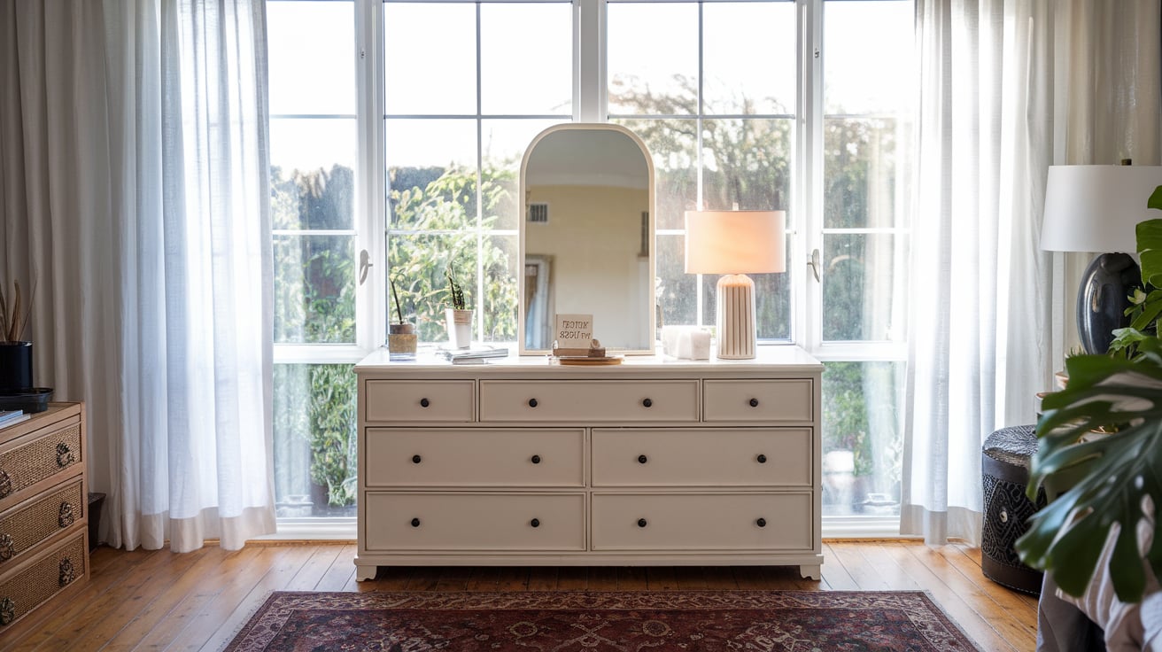 dresser in front of window