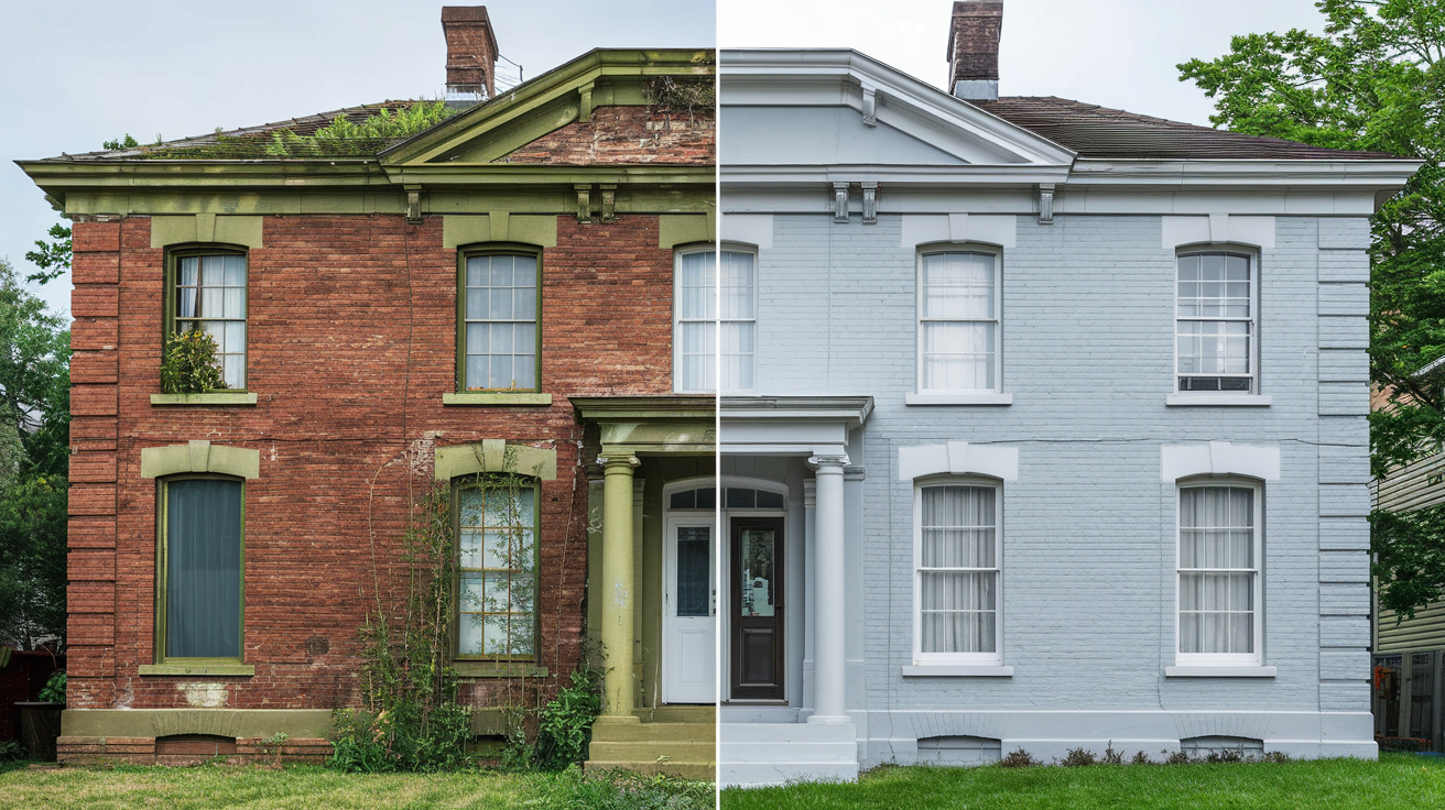 gray painted brick houses before and after