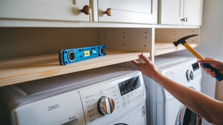 shelf behind washer and dryer