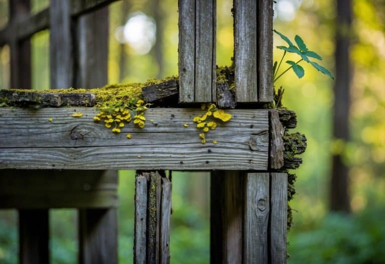 A wooden structure shows signs of decay with crumbling, discolored wood and visible fungal growth