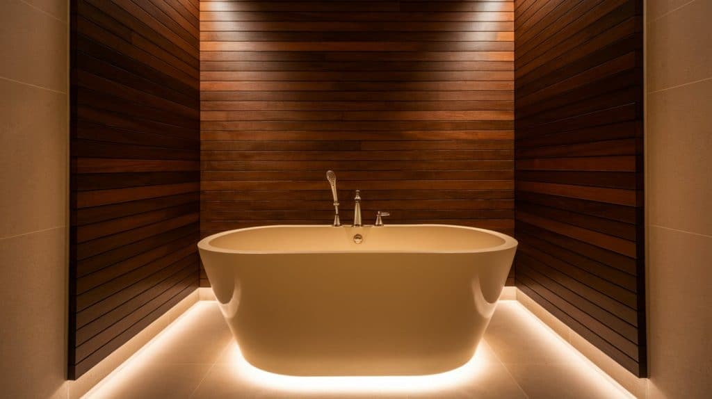 Beige Bathtub Surrounded by Dark Brown Wooden Panels