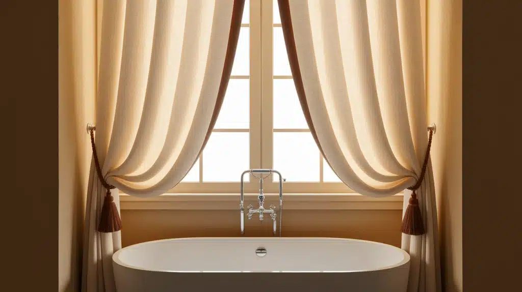 Beige Curtains with Brown Tiebacks in Bathroom Windows