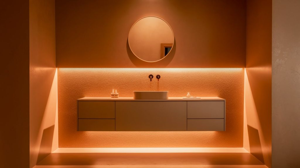 Beige Floating Vanity with Brown Under-Shelf Lighting