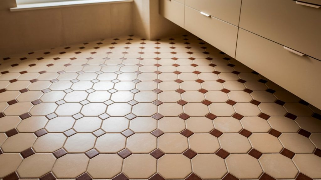 Beige Hexagonal Floor Tiles with Dark Brown Grout Lines
