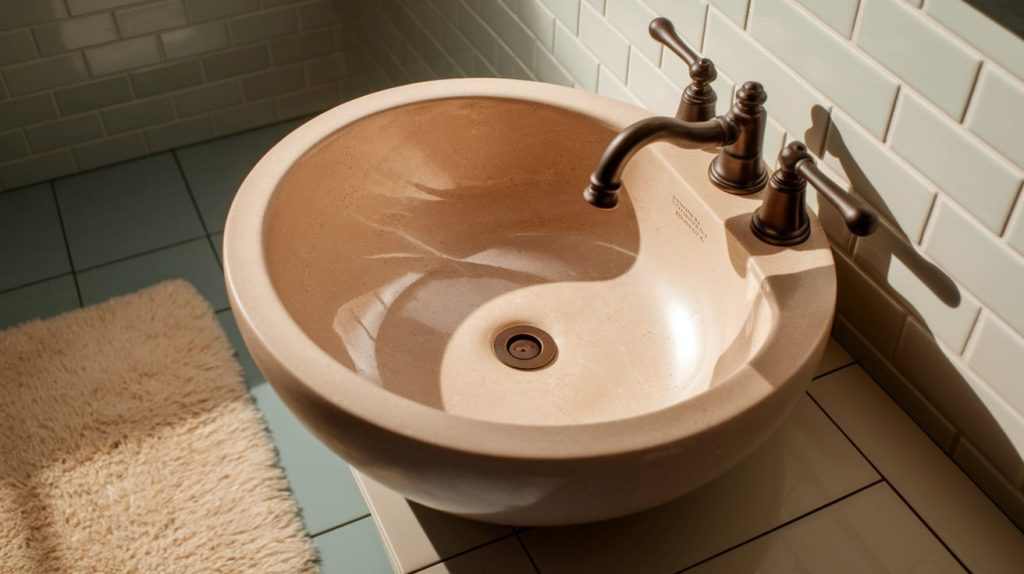 Beige Stone Sinks Paired with Bronze Hardware