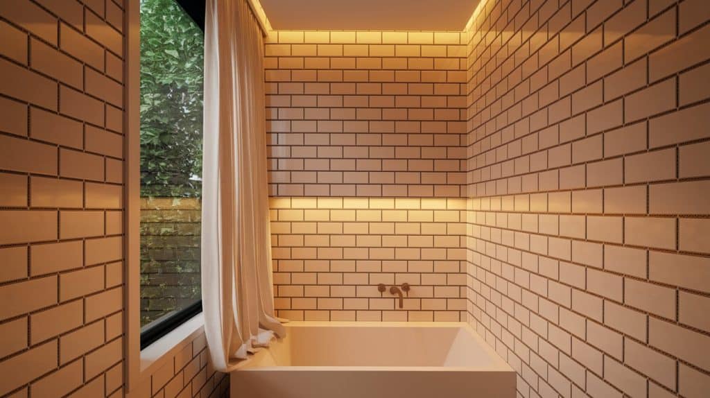 Beige Subway Tile Backsplash with Dark Brown Grout