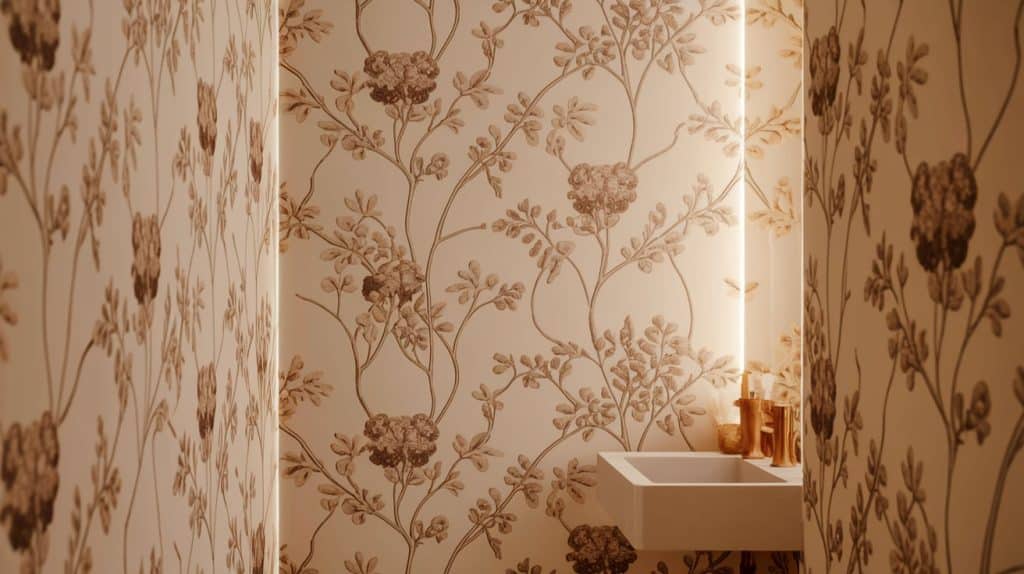 Beige and Brown Floral Wallpaper in the Half Bathroom
