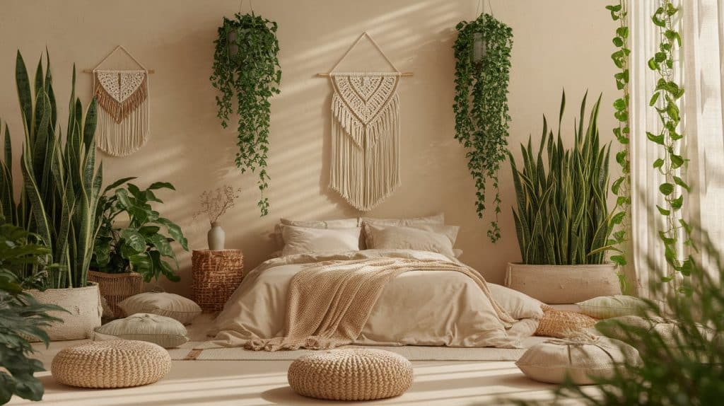 Bohemian Beige Bedroom with Macramé and Plants