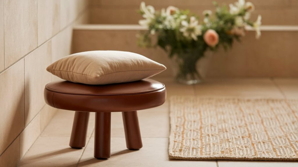 Brown Leather Bathroom Stools with Beige Cushions