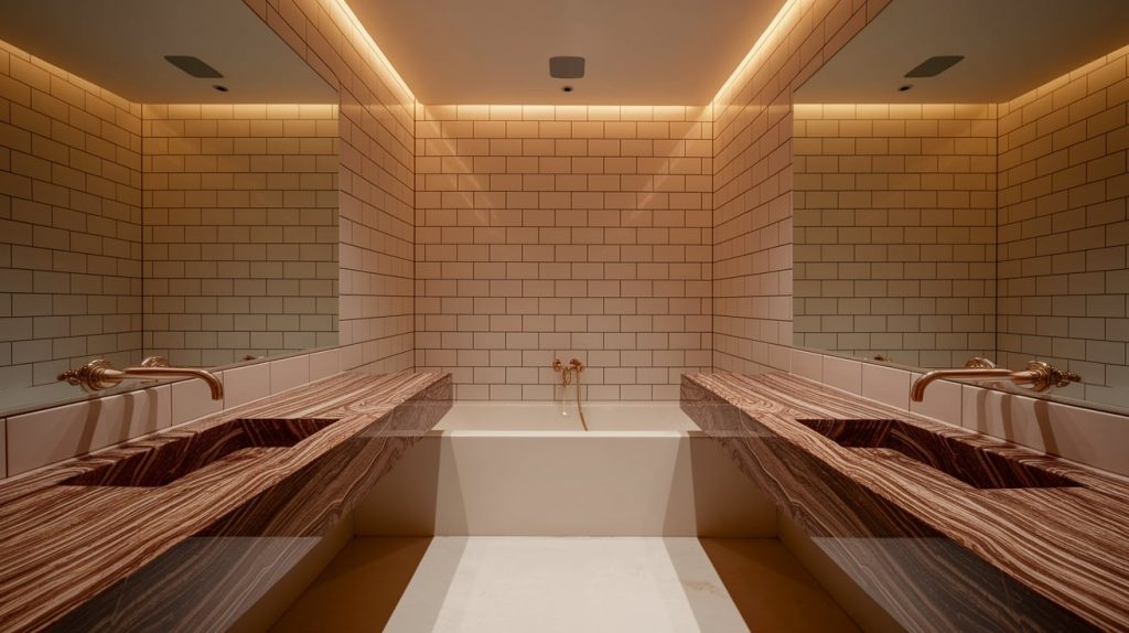 Brown Marble Countertops with Beige Subway Tiles