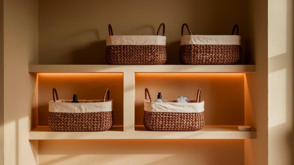 Brown Rattan Baskets for Storage with Beige Linen Liners