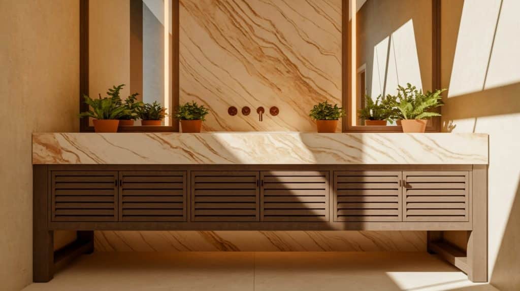 Brown Wooden Vanity Paired with Beige Marble Countertop