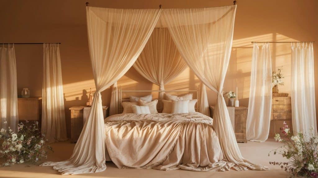 Canopy Bed Draped with Sheer Fabrics