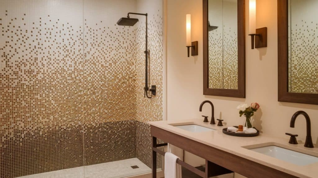 Combination of Beige and Brown Mosaic Tiles in Shower