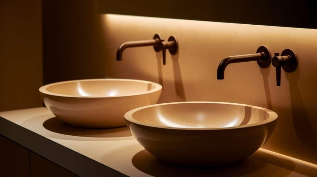 Dark Brown Faucet Fixtures on Beige Vessel Sinks