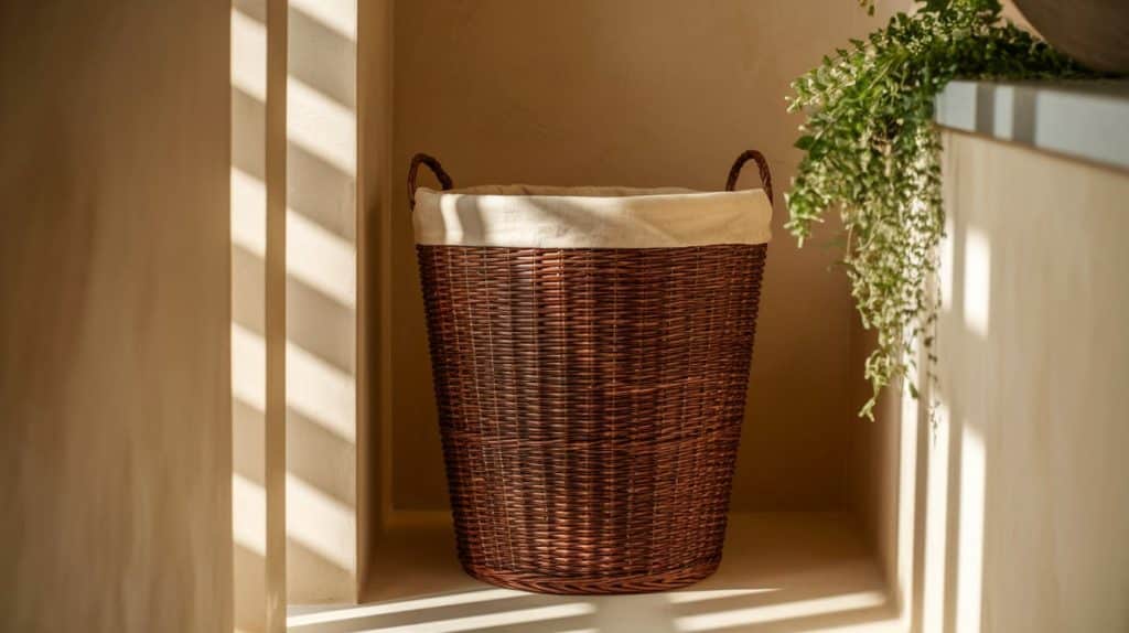 Dark Brown Wicker Laundry Baskets in Beige Corners